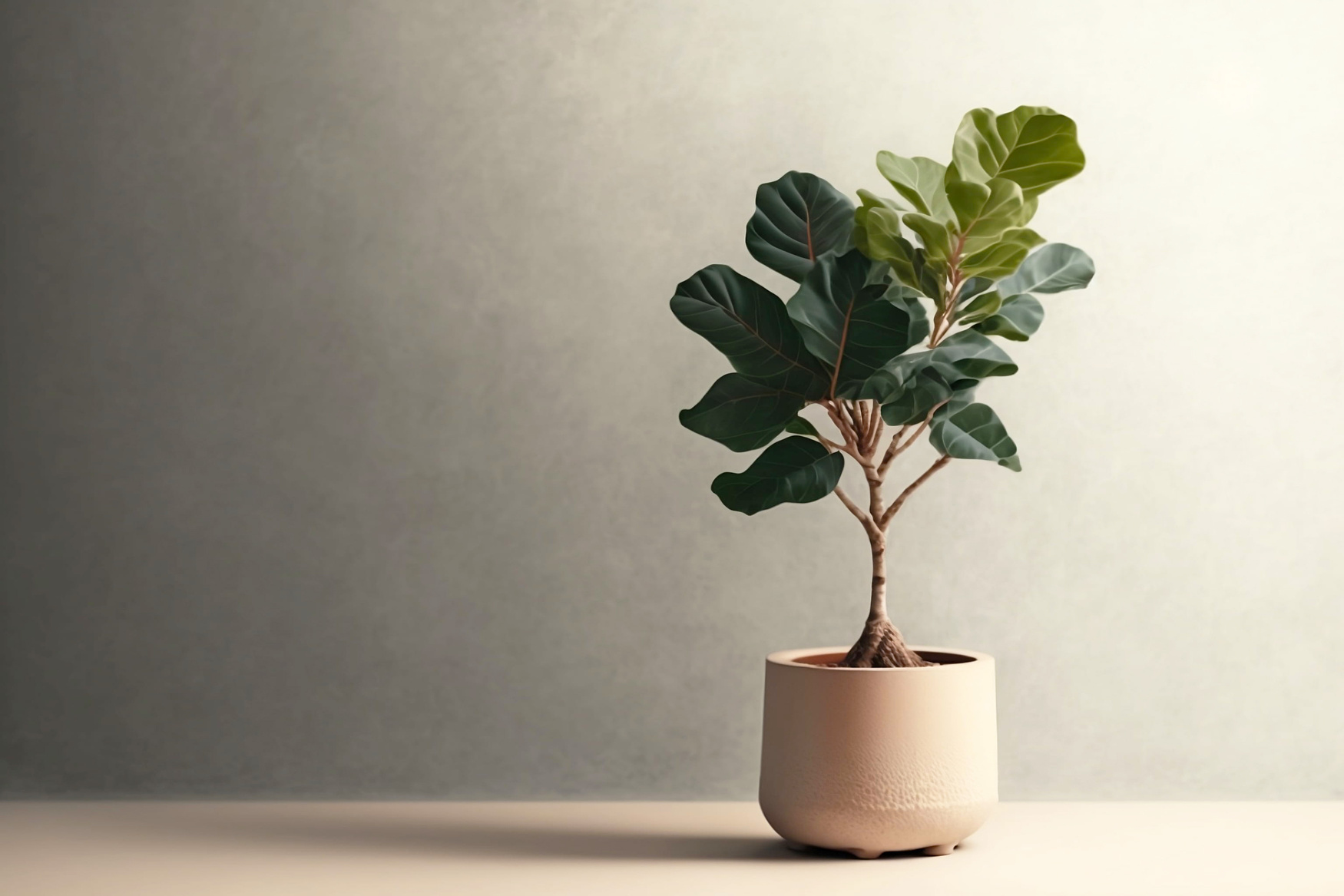Beige empty wall background with fiddle leaf tree. copy space for text.